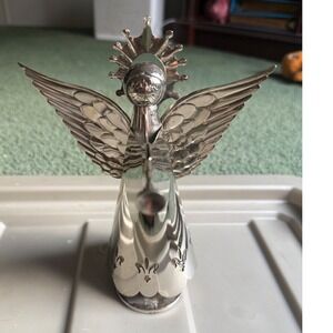 Vintage Angel Trumpet Figurine Silver Tone with Wings and Crown music box